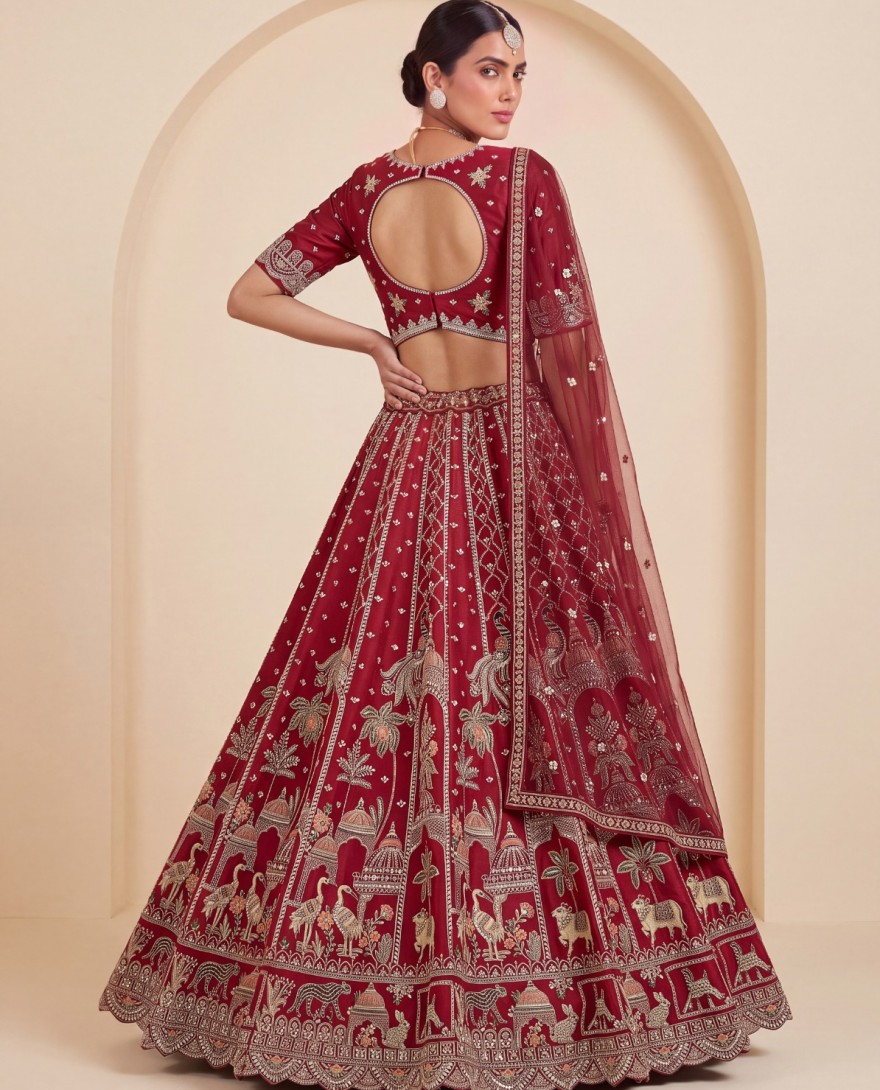 3073 - Silk Lehenga Choli In Red Colour